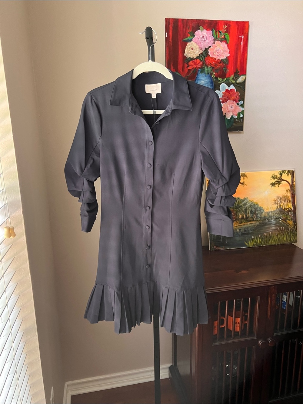 cinq a sept lucilla navy Button-Front Pleated Hem Dress - Picture 3 of 13
